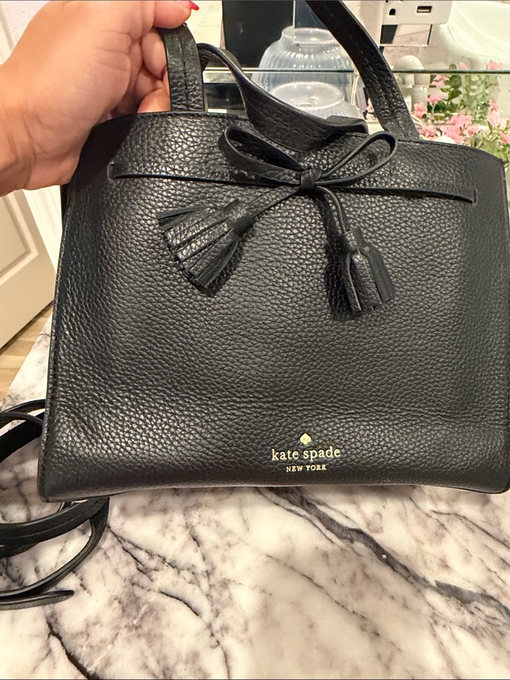 kate spade Black Pebbled Leather Tassel Top-Handle Crossbody